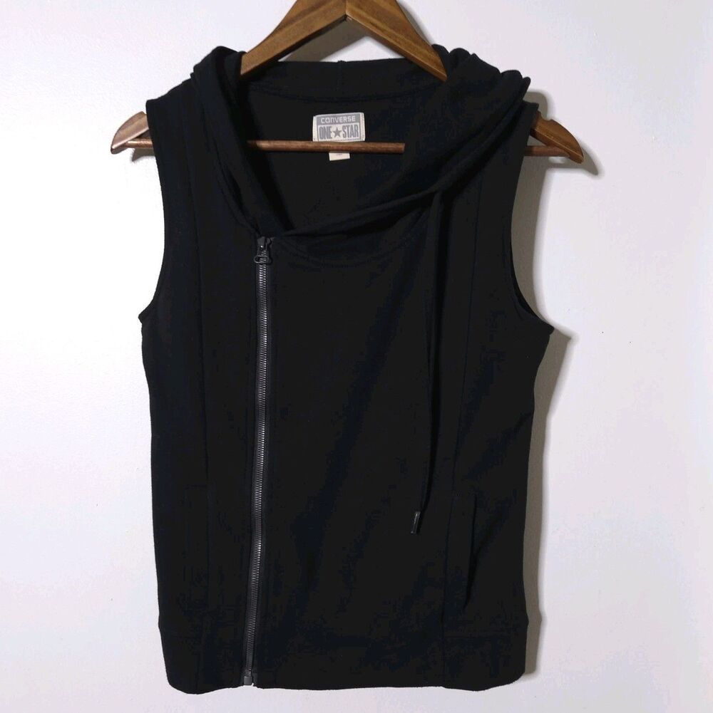 Converse Asymmetrical Zip up Vest Size S Black Womens Sleeveless Hooded